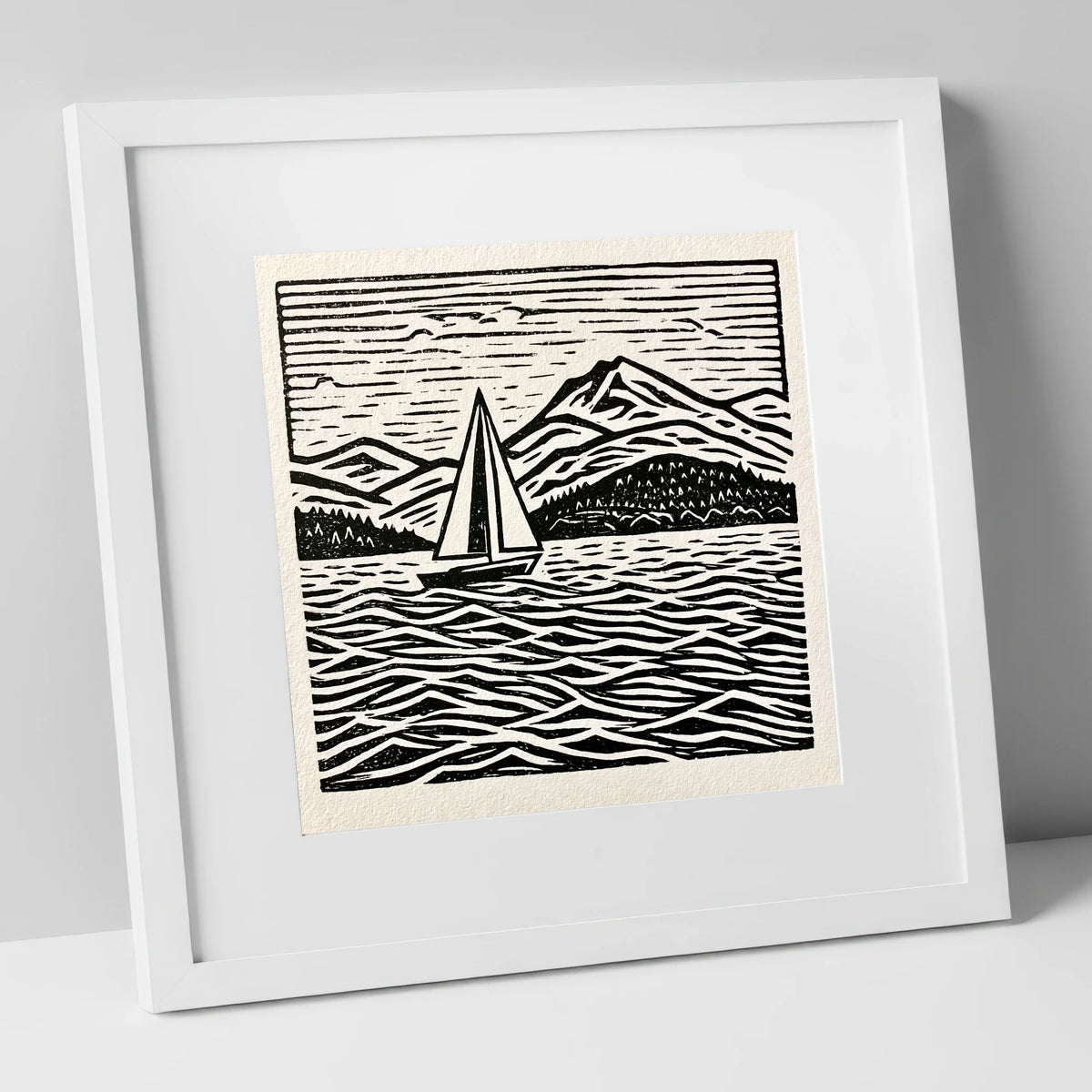 Monochrome Windermere Sailboat and Fells lake district lake art print in white frame