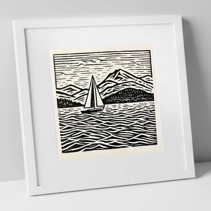 Monochrome Windermere Sailboat and Fells lake district lake art print in white frame