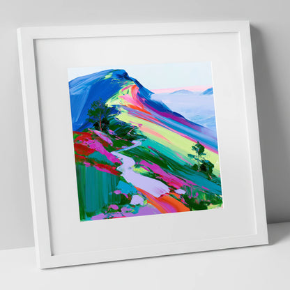 Colourful Mountain Ridge Path lake district fell art print in white frame