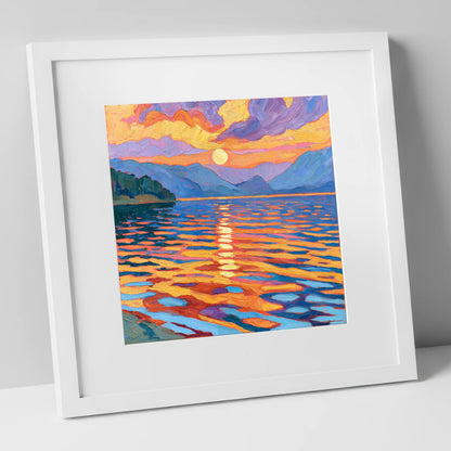Vibrant Sunset Over Lake Water lake district lake art print in white frame