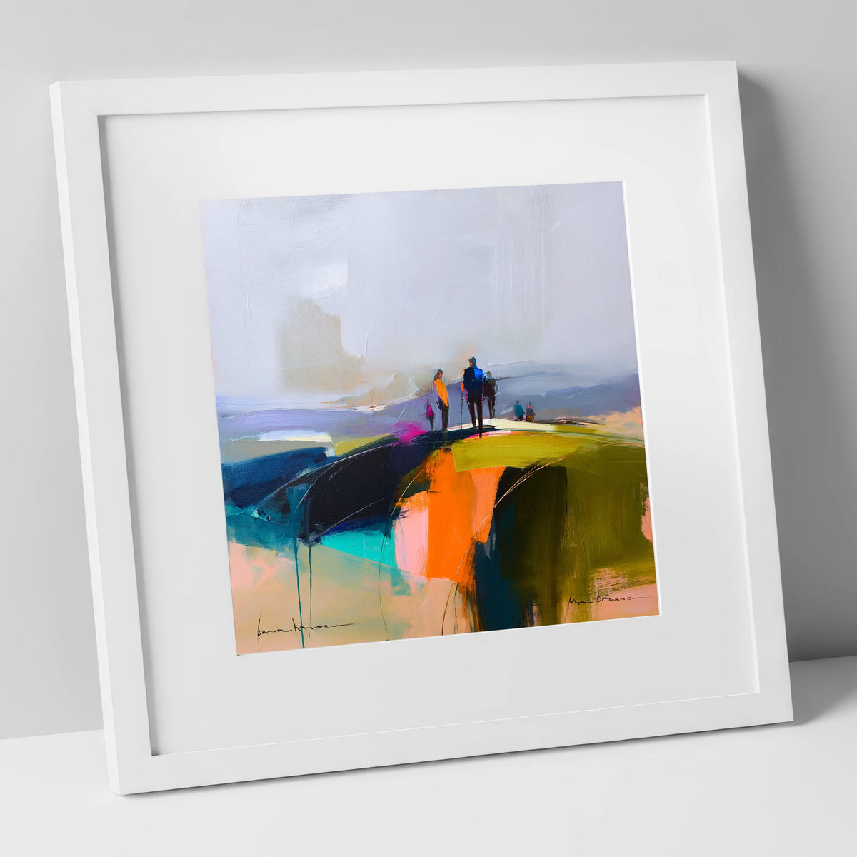 Abstract Fell Top Walkers lake district fell art print in white frame