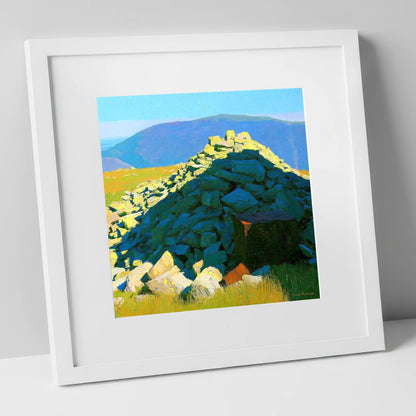 Sunlit Cairn on Grike Summit lake district fell art print in white frame