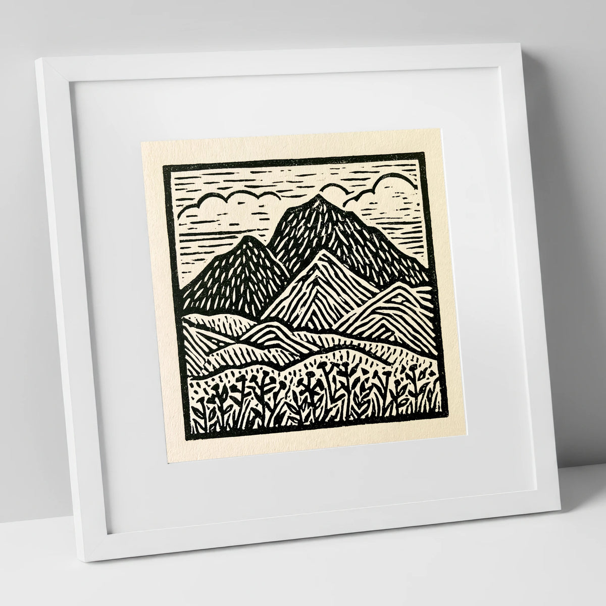 Scafell Pike in Monochrome lake district fell art print in white frame