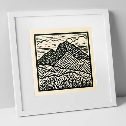 Scafell Pike in Monochrome lake district fell art print in white frame