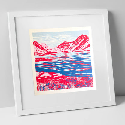 Vivid Red Ennerdale Fells lake district valley art print in white frame