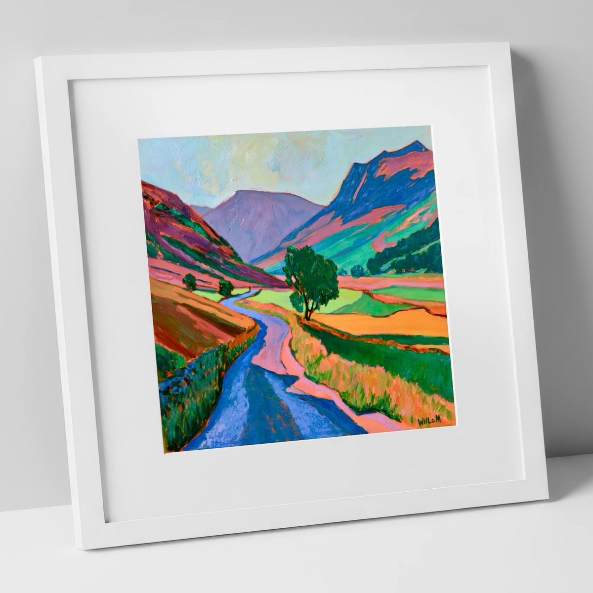 Winding Road Through Vibrant Fells lake district valley art print in white frame