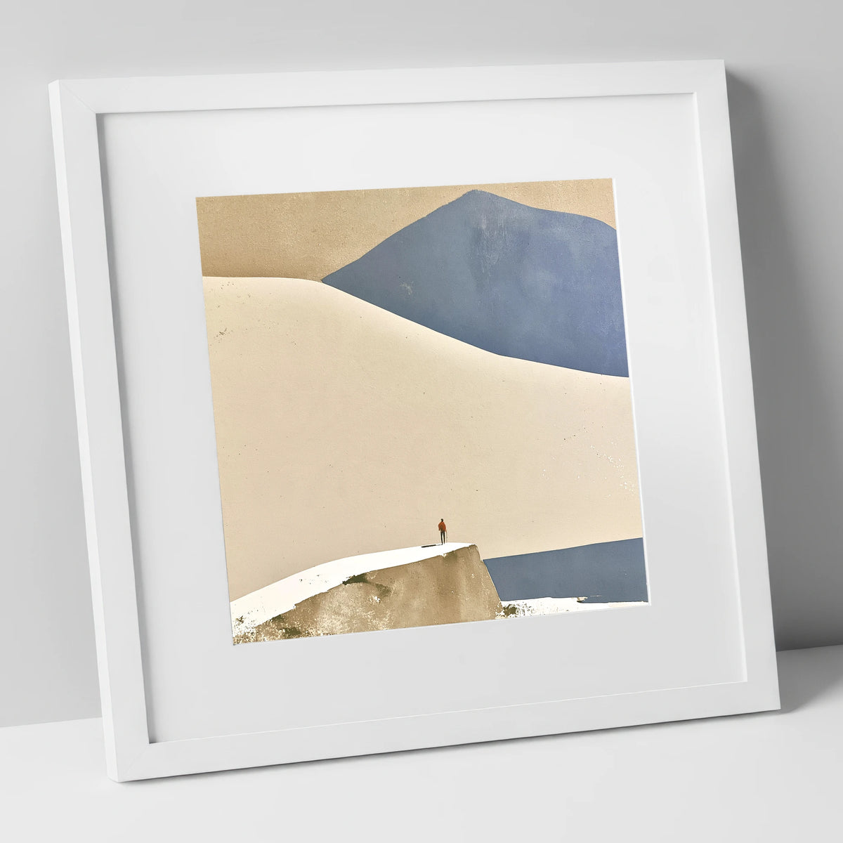 Lone Hiker Against Blue Fells lake district walking art print in white frame