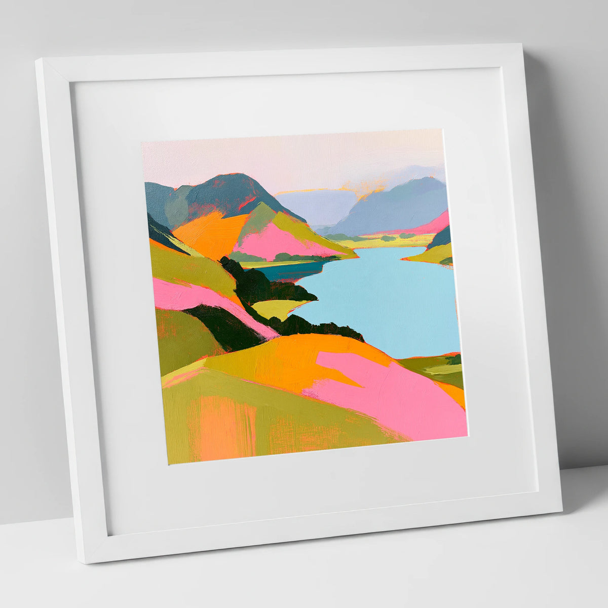 Bold Pink Fells and Lake lake district lake art print in white frame