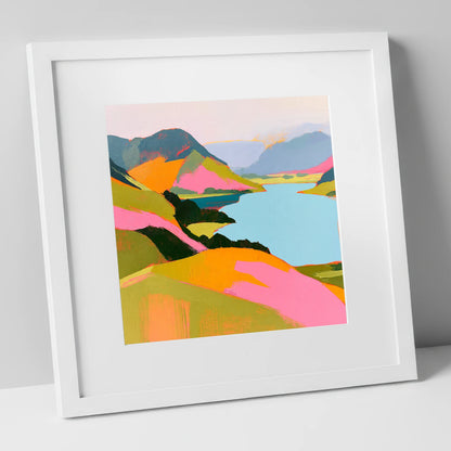Bold Pink Fells and Lake lake district lake art print in white frame