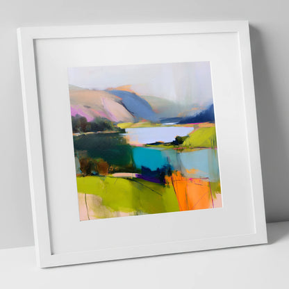 Teal Lake with Magenta Fells lake district lake art print in white frame
