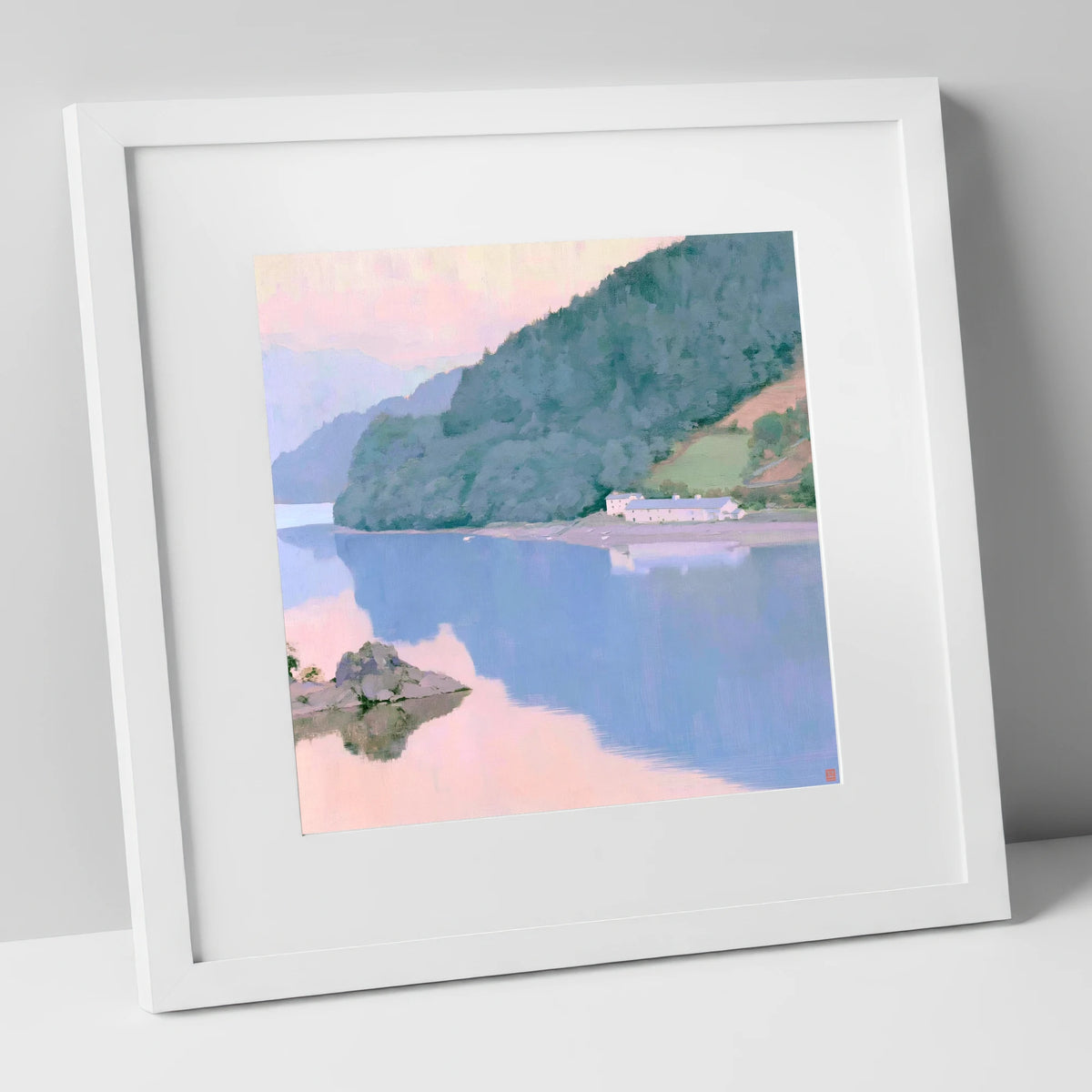 Pink Dawn on Coniston Water lake district lake art print in white frame