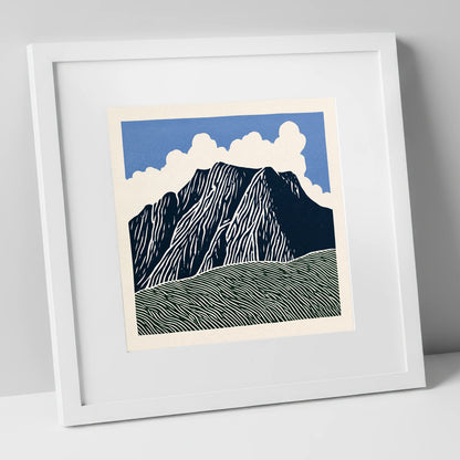 Graphic Scafell Pike Landscape lake district fell art print in white frame