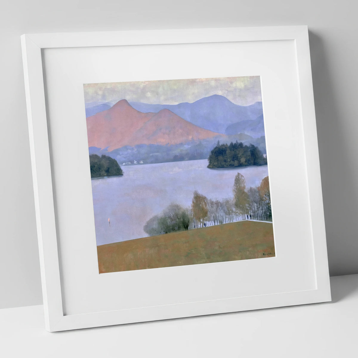 Derwentwater Dusk from Crow Park lake district village art print in white frame