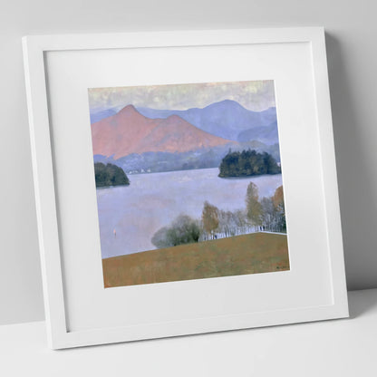 Derwentwater Dusk from Crow Park lake district village art print in white frame
