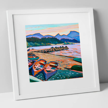 Colourful Windermere Rowing Boats lake district lake art print in white frame