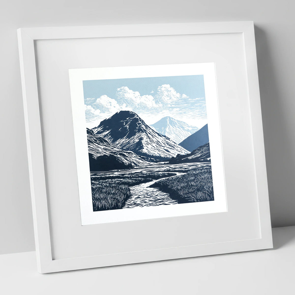 Scafell Pike in Deep Navy lake district fell art print in white frame