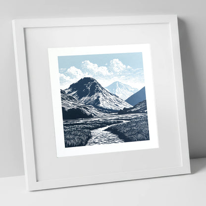 Scafell Pike in Deep Navy lake district fell art print in white frame
