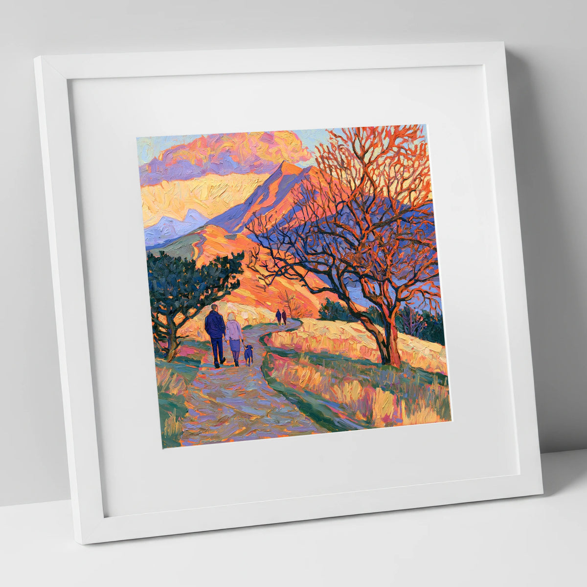 Sunset Dog Walk on Cat Bells gifts for dog walkers art print in white frame