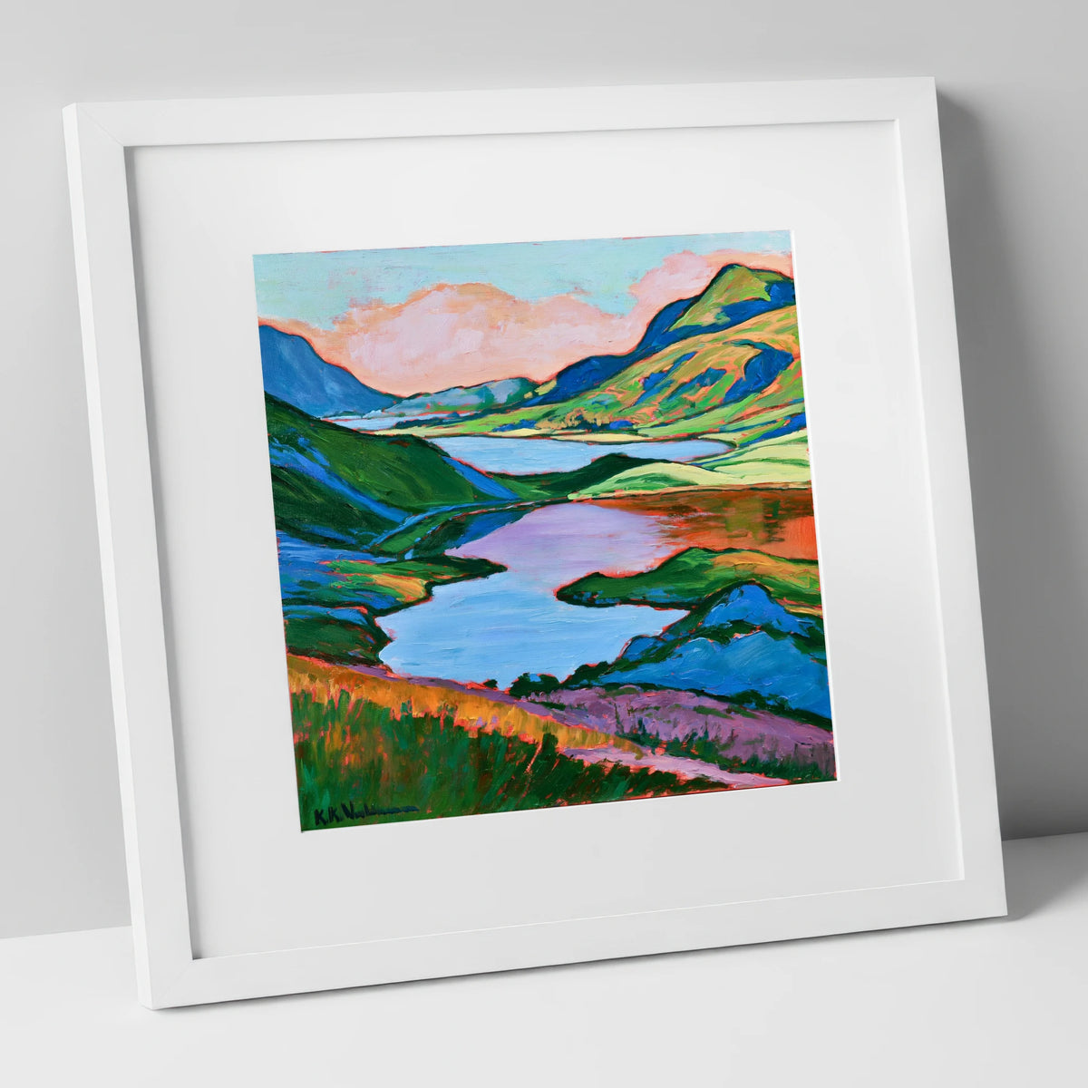 Colourful Fells Above the Lake lake district lake art print in white frame