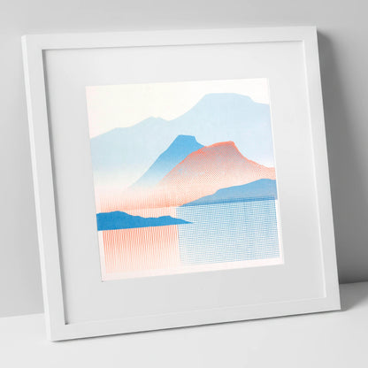 Catbells in Coral and Blue lake district fell art print in white frame