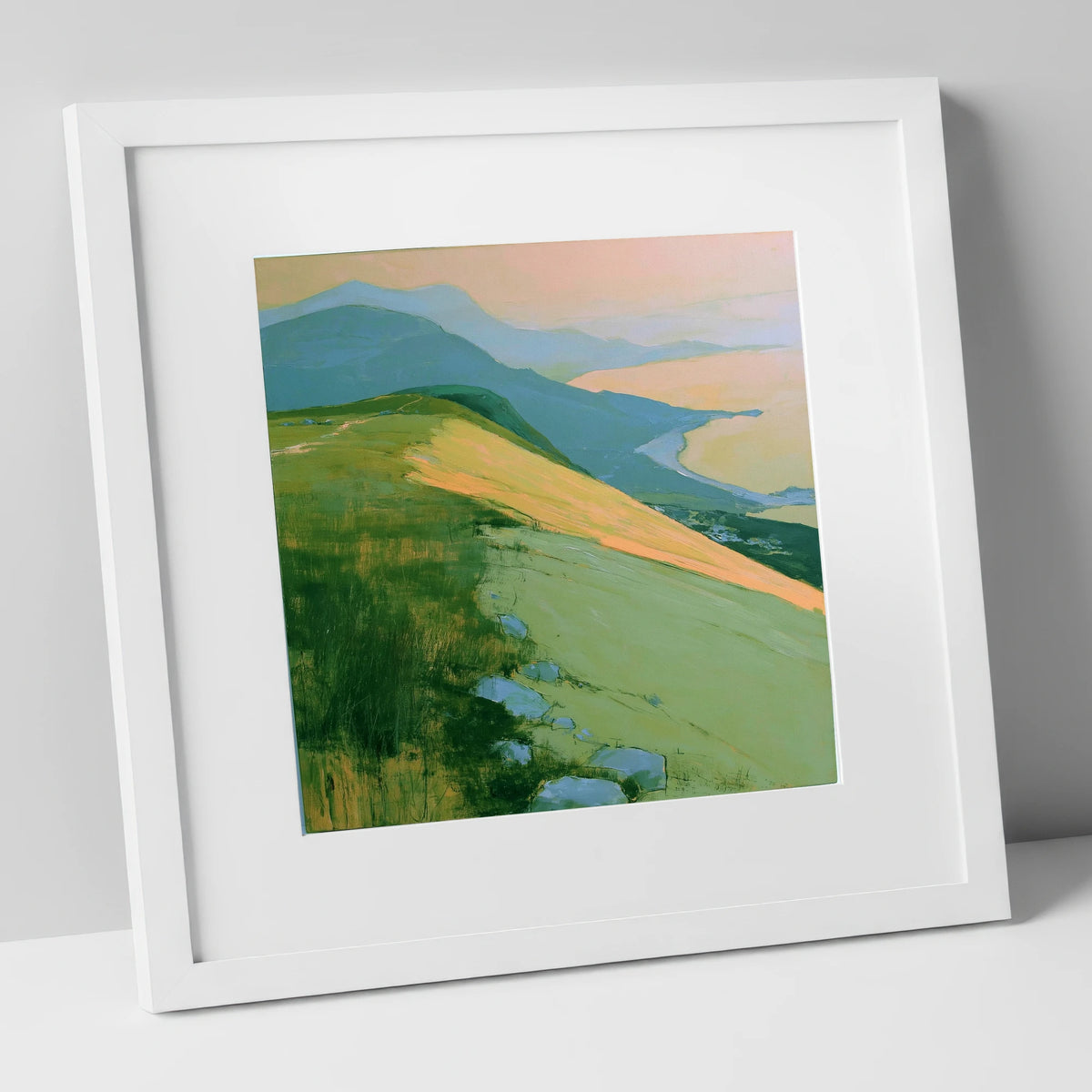 Fell Summit in Golden Light lake district fell art print in white frame