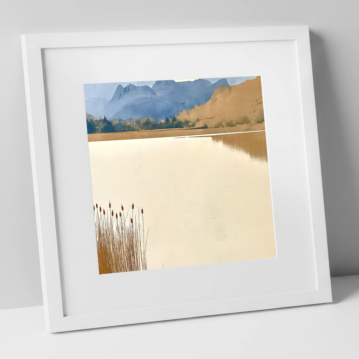 Elterwater Reeds and Slate Fells lake district lake art print in white frame