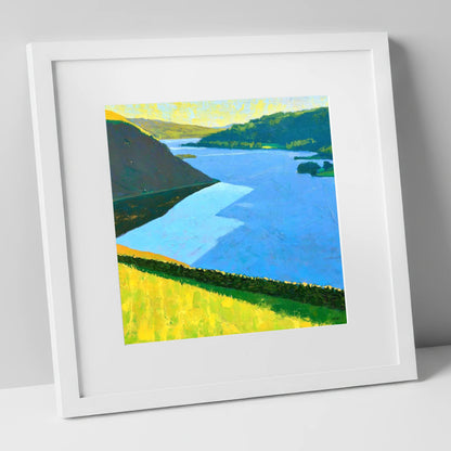 Vibrant Ullswater Above Pooley Bridge lake district village art print in white frame
