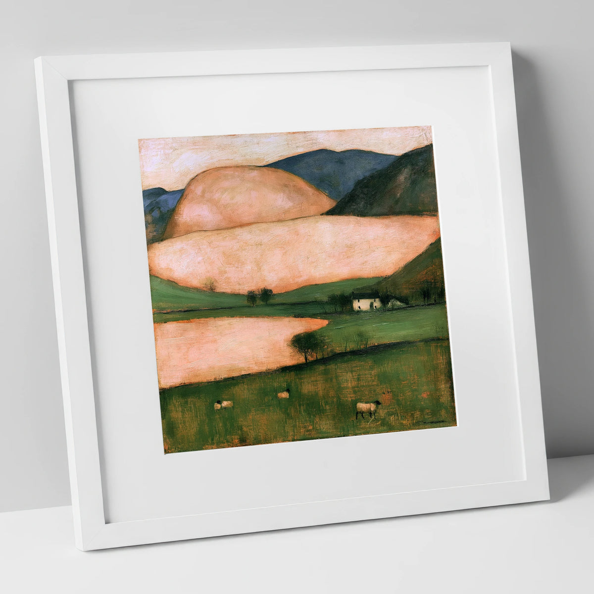 Peach Fells And Valley Farm lake district sky art print in white frame