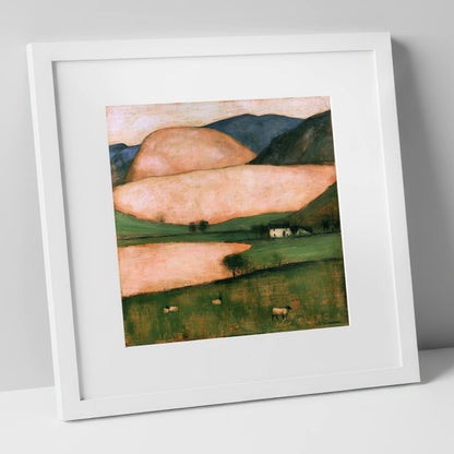 Peach Fells And Valley Farm lake district sky art print in white frame