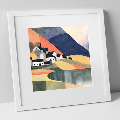 Lakeside Village and Indigo Fells lake district village art print in white frame