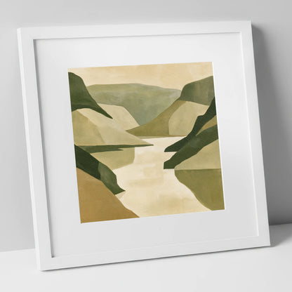 Geometric Fells and Pale Lake lake district lake art print in white frame