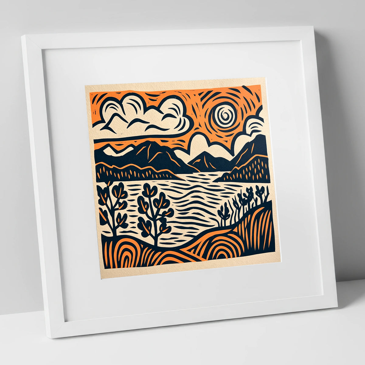Windermere in Navy and Terracotta lake district lake art print in white frame