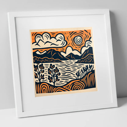 Windermere in Navy and Terracotta lake district lake art print in white frame