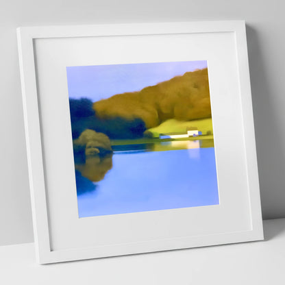 Mirrored Islet on Coniston Water lake district lake art print in white frame