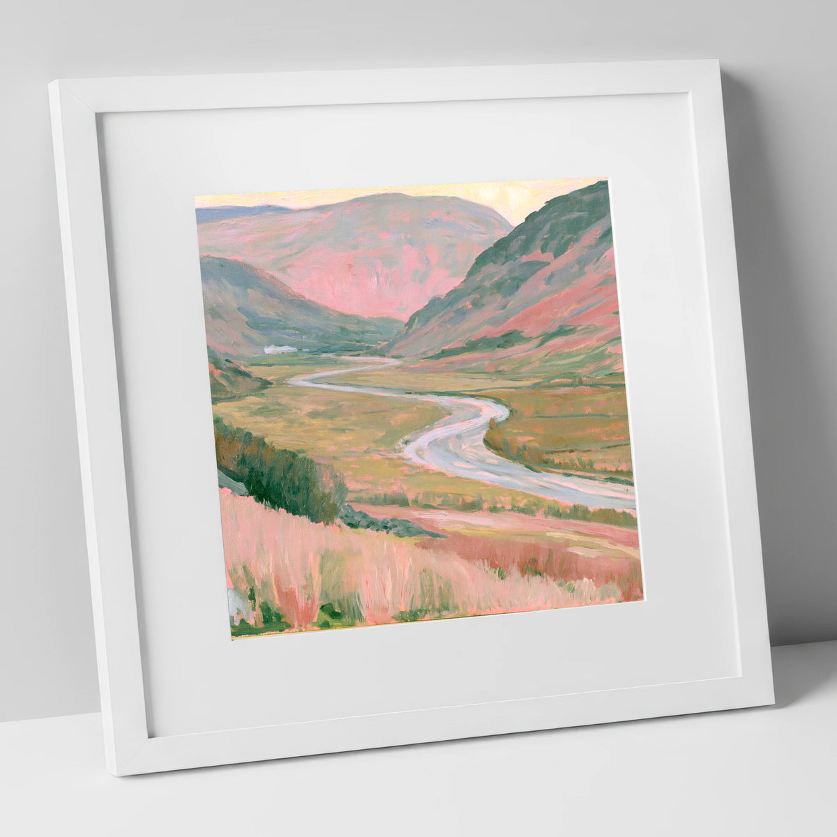 Winding River in Pastel Light lake district waterfall art print in white frame