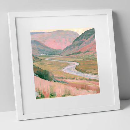 Winding River in Pastel Light lake district waterfall art print in white frame