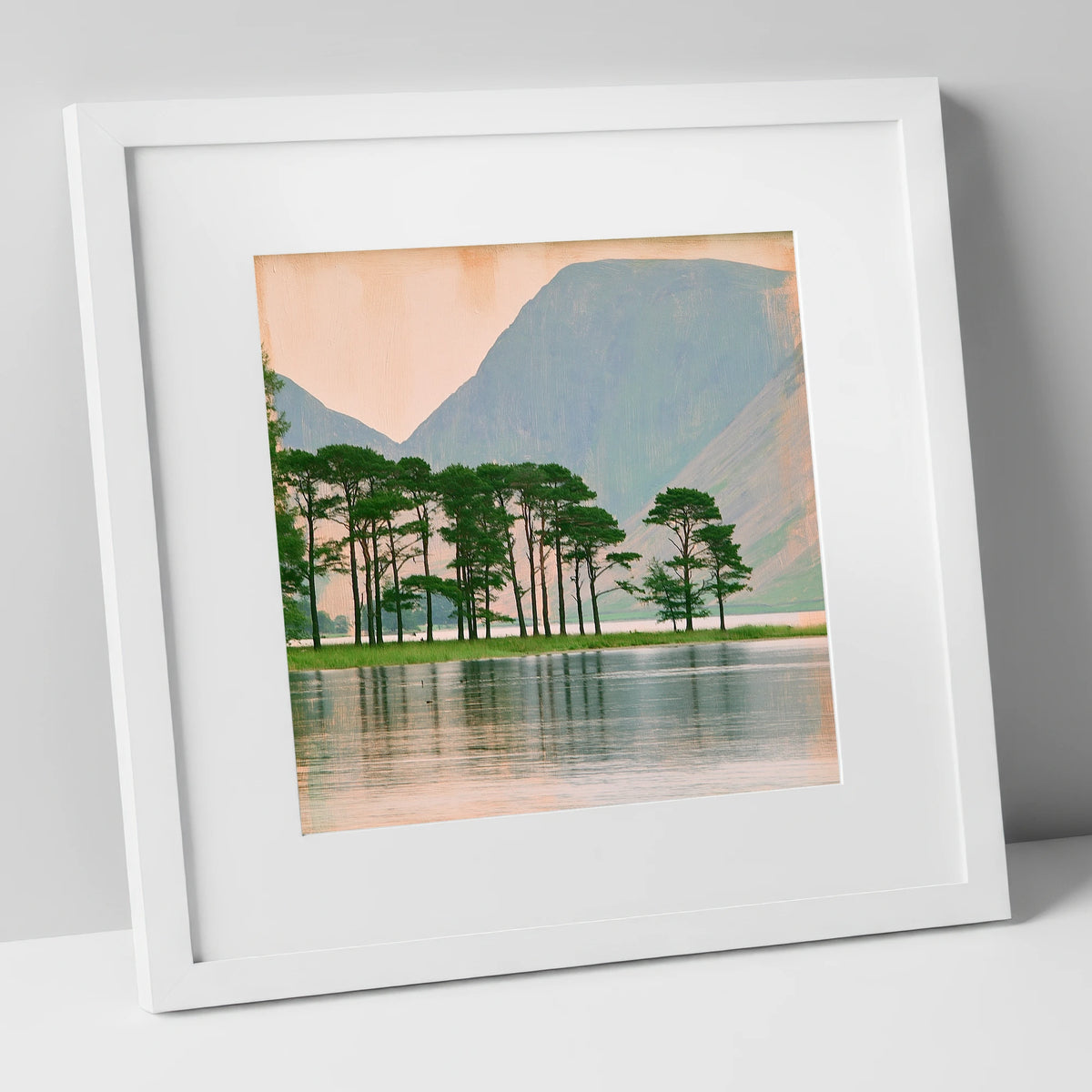 Buttermere Pines in Still Water lake district lake art print in white frame