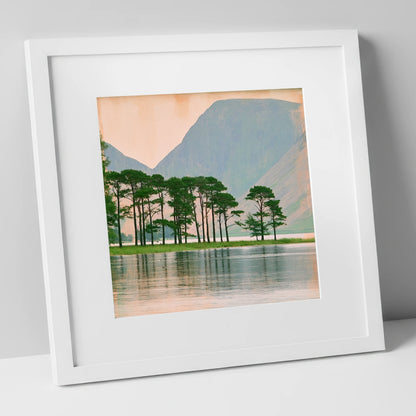 Buttermere Pines in Still Water lake district lake art print in white frame