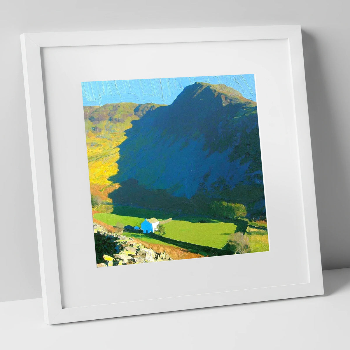 Harter Fell Over Valley Farm lake district fell art print in white frame