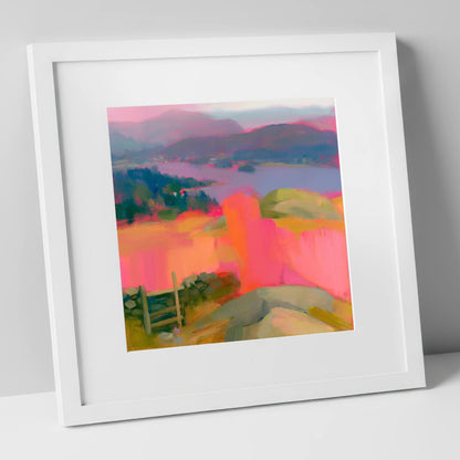 Vibrant Ambleside from Loughrigg lake district village art print in white frame