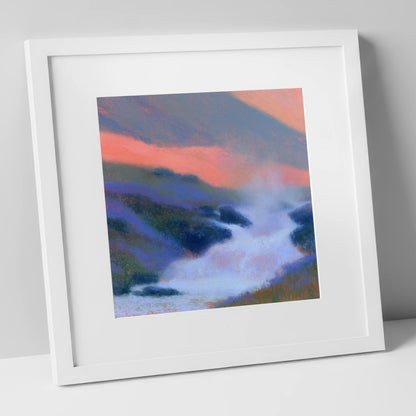 Pink Twilight Over Fellside Beck lake district waterfall art print in white frame