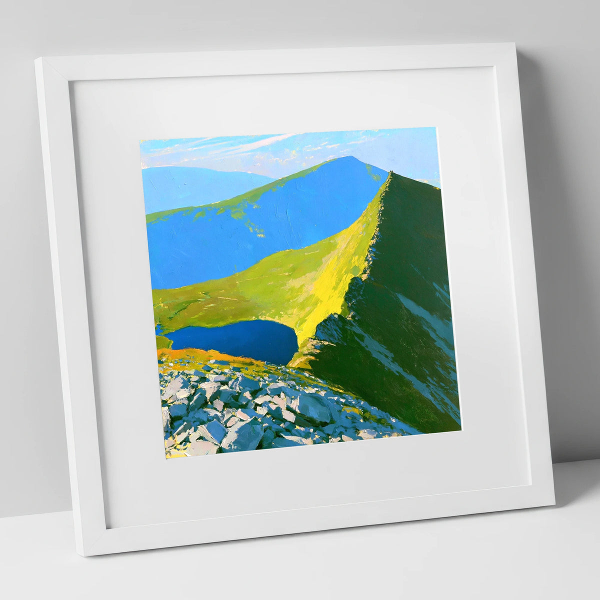 Vibrant Ridges above the Tarn lake district fell art print in white frame