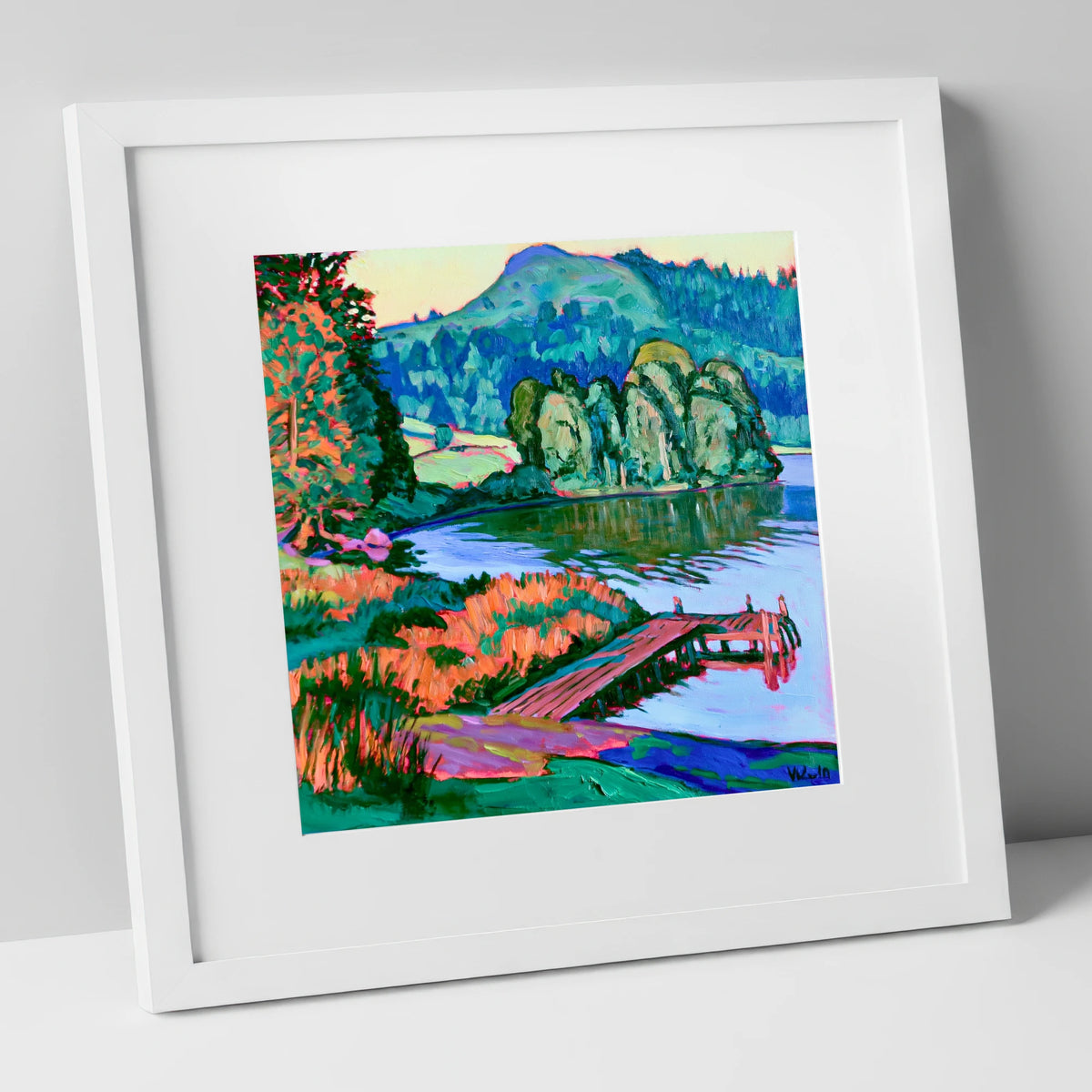 Vibrant Wooden Pier at Grasmere lake district lake art print in white frame