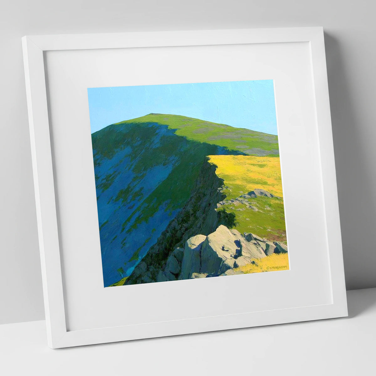 Vibrant Light on High Raise lake district fell art print in white frame