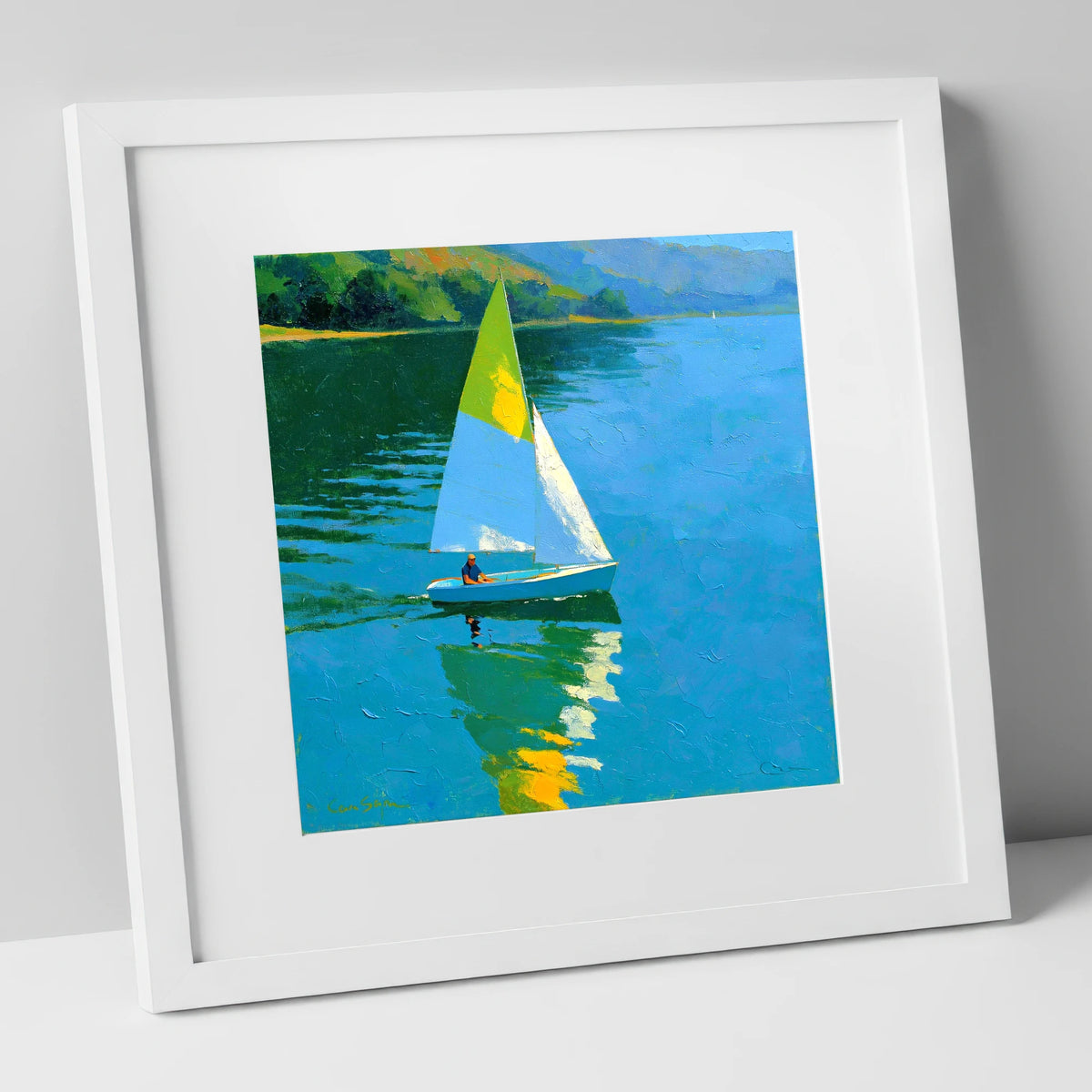 Blue Lake Sailing in Summer Light lake district walking art print in white frame