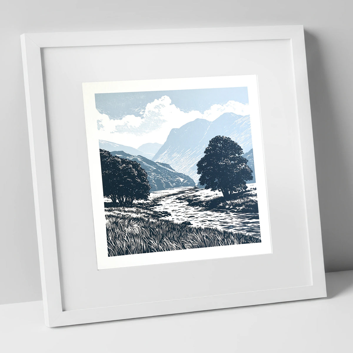 Borrowdale River in Slate Blue lake district valley art print in white frame