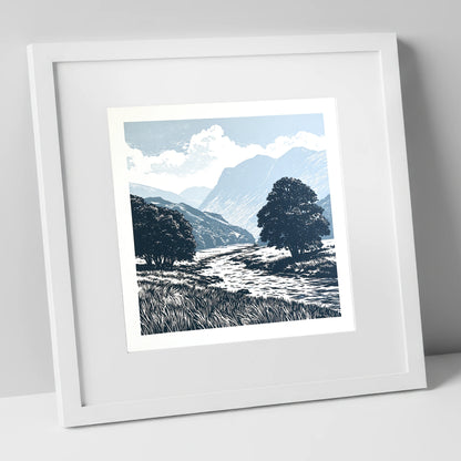 Borrowdale River in Slate Blue lake district valley art print in white frame