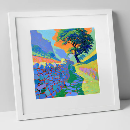Vibrant Valley Drystone Wall Path lake district valley art print in white frame
