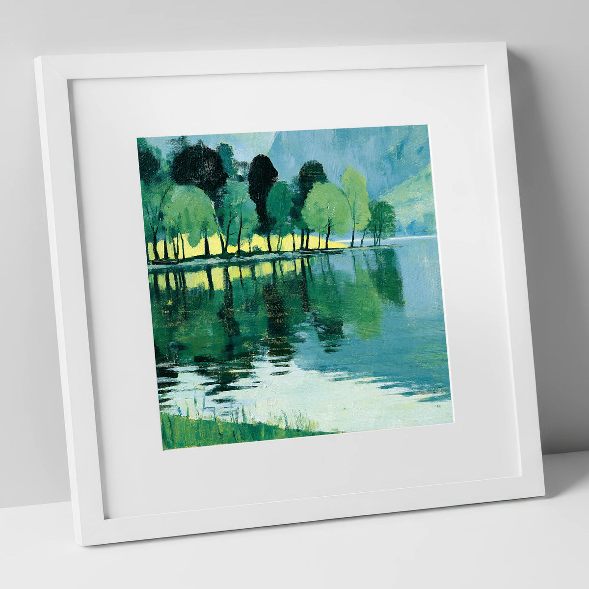 Still Lake Reflections at Dawn lake district lake art print in white frame