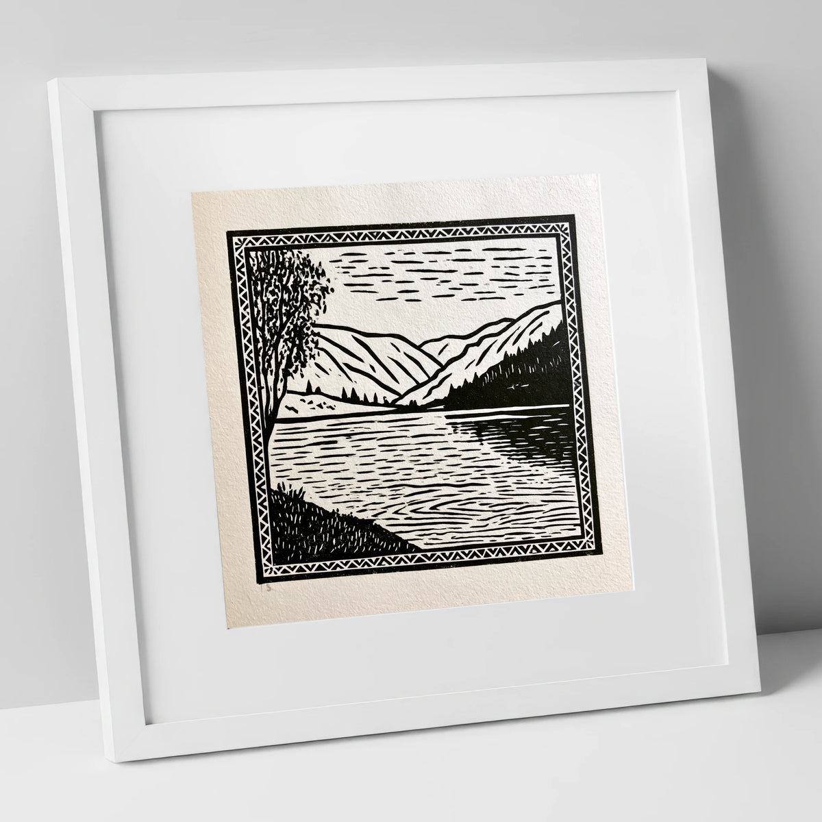 Monochrome Lake at Dawn lake district lake art print in white frame